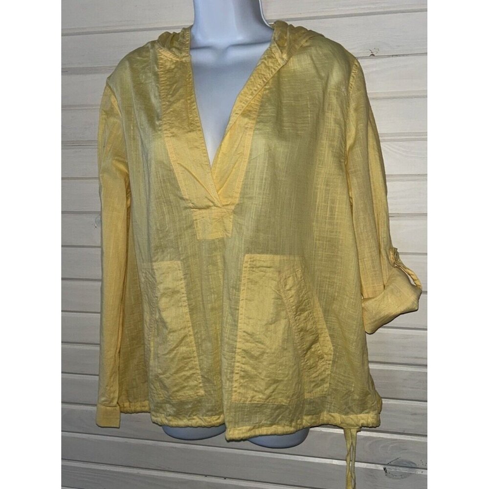 VTG CHICOS Sz 2 (LARGE) Yellow Hooded Cotton Tunic Pockets V-Neck EUC